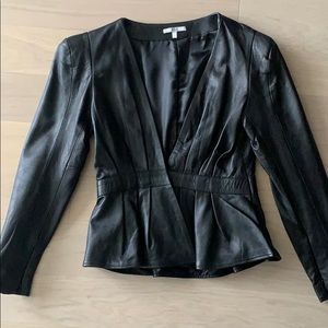 Black leather jacket with single snap closure